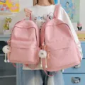 Pink star pattern school backpack for girls, large capacity casual daypack with cute plush pendant. - Small (Without Pendant) / Pink