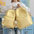 Yellow star print canvas backpack with cute fluffy ball pendant, stylish student book bag. - Small (Without Pendant) / Yellow