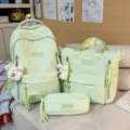 Light green student backpack set with bow embroidery, large capacity school bag and tote bag. - Backpack Without Pendant / Green