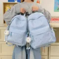 Light blue star pattern canvas backpack casual school bag with cute plush pendant for daily use. - Small (Without Pendant) / Blue