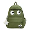 Cute big eye corduroy backpack for women, casual school bag and large capacity daypack main view - Without Pendant / Green