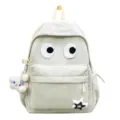 Corduroy backpack with cute big eyes design, casual daily student bookbag in off-white color. - Without Pendant / White