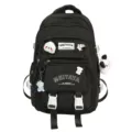 Large capacity black student backpack with cute plush pendants and multi-pocket design for travel. - Single Bag / Black