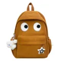 Brown corduroy backpack with cute big eyes and pendants, stylish student schoolbag, casual - Without Pendant / Brown