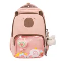 Cute pink canvas backpack with clear front pocket and bear ears design for school students. - Without Pendant / Pink