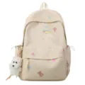 Cute beige canvas school backpack for girls with adorable bear print and fluffy puppy pendant. - Without Pendant / Beige