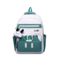 White and green casual school backpack with cute plush pendant and cat ears front main view - Green