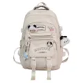 Beige large capacity canvas backpack with cute plush charms and multiple pockets for daily use. - Single Bag / Off White
