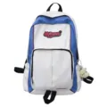 Stylish white and blue student backpack with front pocket and cute plush pendant for daily use. - Without Pendant / White Blue