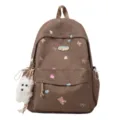 Cute brown canvas backpack for teen girls with bear print and fluffy dog pendant, large capacity. - Coffee