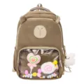 Brown aesthetic ita backpack with bear ears and transparent front pocket for students. - Dark Khaki