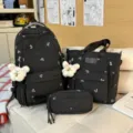 Black multi-piece school backpack set with cute bow print, large capacity casual daypack tote bag. - Black