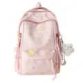 Sweet pink candy color star pattern casual school backpack with plush pendant for students - Without Pendant / Pink