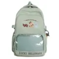 Cute light green student backpack with clear ita bag pocket and cute cat embroidery. - Without Pendant / Green