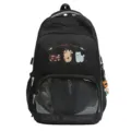 Cute cat embroidery black backpack with transparent front pocket, large capacity student school bag. - Without Pendant / Black