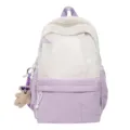 Casual color block backpack for women, large capacity minimalist school bag with cute bear. - Without Pendant / Purple