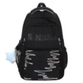 Black casual school backpack large capacity student bookbag with colorful embroidered lines - Small Without Pendant / Black