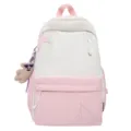 Pink White Canvas Backpack with Star Patch and Cute Teddy Bear Pendant for Girls - Without Pendant / Pink