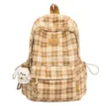 Vintage brown plaid backpack with cute dog pendant, stylish multi-compartment school bag. - Without Pendant / Khaki