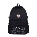 Casual black student backpack with cute bear doodle prints and badge, stylish and lightweight. - Without Pendant / Black