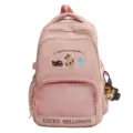 Pink canvas student backpack with cute cat embroidery and large capacity for school travel. - Pink