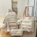 Cute 3-piece school backpack set for girls, large capacity aesthetic daypack with pink straps. - Backpack / Off White