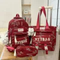 Red student backpack set multi-piece large capacity school bag with plush bear charm - Backpack / Red