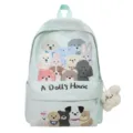 SKU variant view for mint green canvas backpack with cute cartoon animals and front pocket. - Green