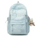 Light blue casual school backpack with large capacity, durable fabric and cute bear pendant. - Blue