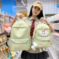 Fresh green plaid school backpack with cute puppy design, large capacity student bag. - Small Without Pendant / Green