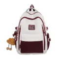 Stylish two-tone canvas backpack for women, large capacity school bag with cute pendant. - Without Pendant / Burgundy