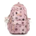 Pink star print school backpack, casual lightweight book bag with cute plush pendant. - Without Pendant / Pink