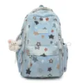 Light blue star print casual school backpack for students, lightweight daily travel daypack. - Blue