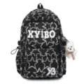 Black quilted star pattern backpack with laptop compartment and cute bear pendant for daily use. - Without Pendant / Black