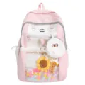 Cute pink and white ita backpack with transparent front pocket for daily school travel. - Without Pendant / Pink