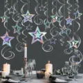 Decoraciones de espirales de estrellas colgantes holograficas para fiesta de Navidad y bodas. - Juego de 14 piezas