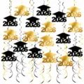 2026 Graduation Season Spiral Hanging Ornaments Ceiling Decor Gold Black Graduation Hats - 30 Pieces/Pack / Multicolor