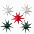 Close-up detail of 3D folded paper star hanging ornaments for Christmas party decor. - Christmas Red, Green & White 9-Pointed Star 5-Piece Set - Style A / 12 Inches (Approx. 30cm)