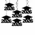 2026 graduation party hanging swirl decorations with black mortarboard caps for classroom. - 6 Pieces Pack / Black