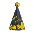 Black and gold conical party hat with sequin pom pom and birthday lettering for kids. - Blue Birthday Floral (Sequin Ball)