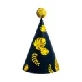 Gold foil tropical leaf party hat with shiny sequin pom pom top for birthday and celebration. - Blue Leaf (Sequin Ball)
