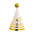 Kids birthday party cone hat with gold sequin top, white and gold festive decoration. - Pink Double Gold Stripe (Sequin Ball)