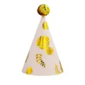 Pink cone birthday party hat with gold sequin top and shiny leaf print decor for kids. - Pink Leaf (Sequin Ball)