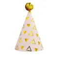 Pink gold geometric triangle party hat with glittering sequin top for kids birthday celebration. - Small Triangle (Sequin Ball)