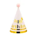 Pink Birthday Party Hat Conical Paper Cap with Gold Foil Happy Birthday Lettering and Pom Pom - Pink Double Gold Stripe (Plush Ball)