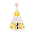 Kids pink birthday party paper hat with cute pom pom and gold foil crown design for celebration. - Pink Crown (Plush Ball)