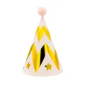 Pink cone party hat with gold foil zigzags and cute pom-pom for kids birthday celebrations. - Pink Wave Star (Plush Ball)