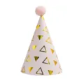 Pink birthday party hat with cute gold triangles and fluffy pom-pom for kids celebrations. - Small Triangle (Plush Ball)