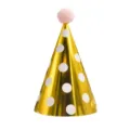 Gold polka dot conical birthday hat with cute pink pom pom for kids party celebration decoration. - Pink Polka Dot (Plush Ball)