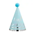 Blue birthday party cone hat for kids baby cute pompom silver foil text decoration - Light Blue Double Silver Edge (Plush Ball)